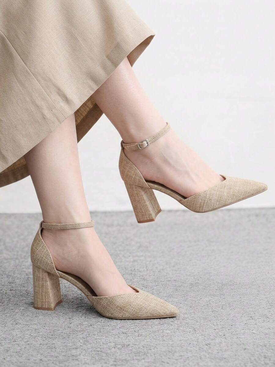 CUCCOO BIZCHIC 女款新款尖頭亞麻布波希米亞風粗跟高跟鞋，女款扣環腳踝帶鏤空涼鞋，優雅婚禮鞋 - 淺卡其色 - 查看 1