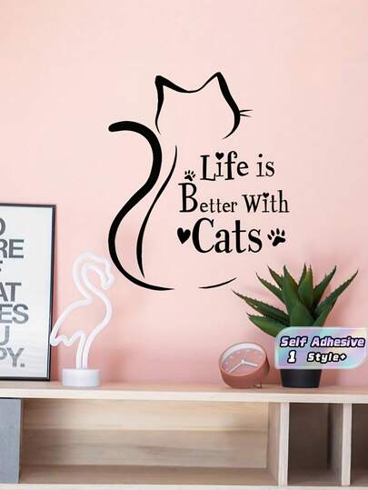 1PC Self Adhesive Glossy Vinyl Cat Silhouette Paw Print Wall Decals Quote Life Better With Cat Modern Home Decor For Cat Lovers Removable