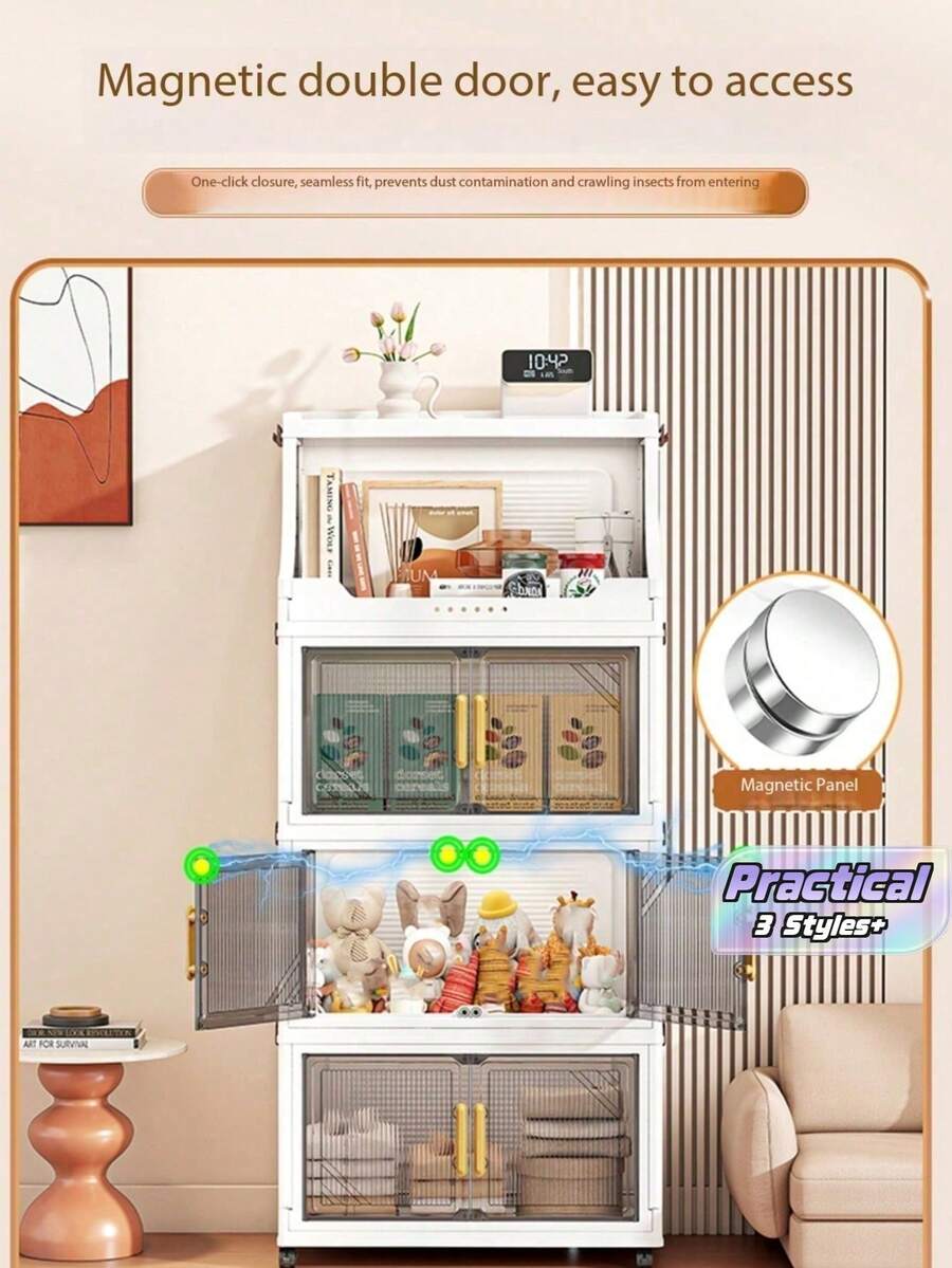 1pc Multi-Layer Foldable Storage Cabinet, Household Simple Foldable Plastic Cabinet, Large Capacity For Snacks, Sundries, Clothes, Toys - White - View 1