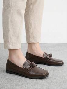 CUCCOO BIZCHIC Brown Soft Leather Bow Loafers Women's, Square Toe Flat Bottom Soft Sole Slouchy Shoes, Commuting Versatile Retro Shoes - Brown - View 6