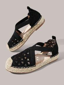Styleloop Modische Damen-Flats in Schwarz mit Blumenstickerei, Hohldesign, Strohsohle und elastischem Band, geeignet für Outdoor, Urlaub und Shopping - Schwarz - Übersicht 5