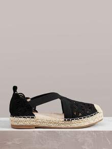 Styleloop Modische Damen-Flats in Schwarz mit Blumenstickerei, Hohldesign, Strohsohle und elastischem Band, geeignet für Outdoor, Urlaub und Shopping - Schwarz - Übersicht 1