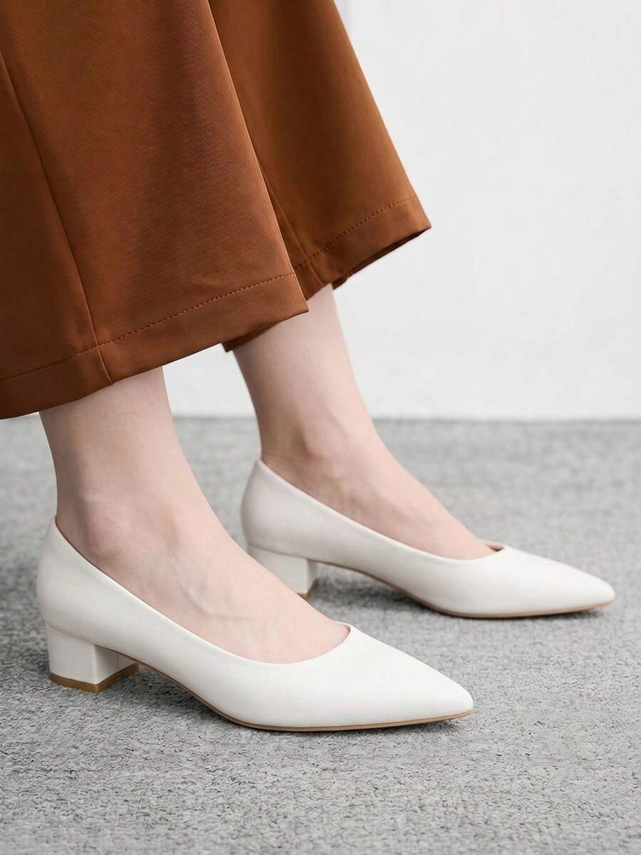 CUCCOO BIZCHIC 女鞋 簡約尖頭優雅粗跟白色低鞋口鞋 夏季舞會禮服鞋 度假鞋 夏日優雅基本款 - 白色3 - 查看 1
