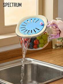 Multifunctional Fruit Washing Bowl With Foldable Handle, 2-In-1 Drain Strainer Container With Lid, Kitchen Vegetable Washing Draining Storage Serving Bowl For Fridge, Picnic - Multicolor - View 1