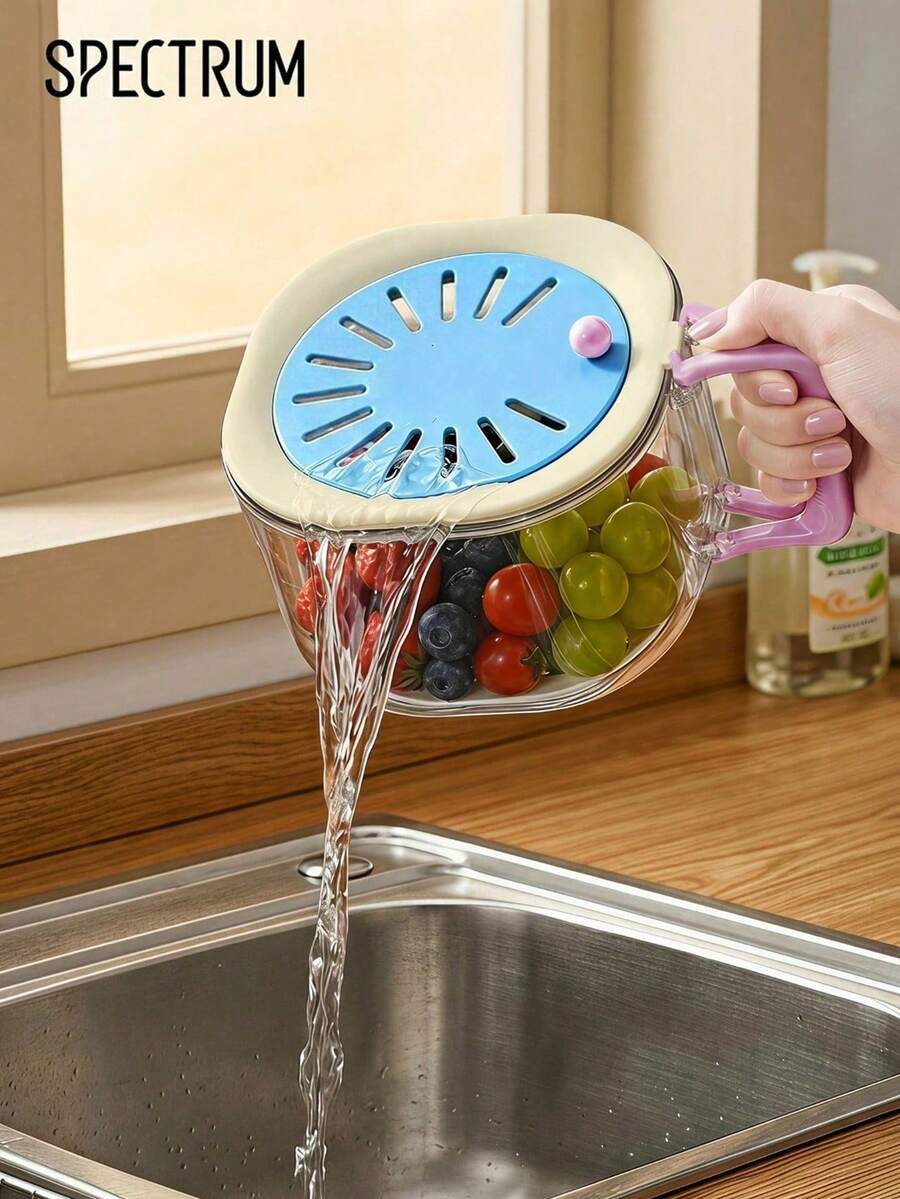 Multifunctional Fruit Washing Bowl With Foldable Handle, 2-In-1 Drain Strainer Container With Lid, Kitchen Vegetable Washing Draining Storage Serving Bowl For Fridge, Picnic - Multicolor - View 1