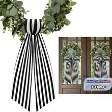 1 Pack/2 Packs Boxwood Wreath Belt Decorative Band, Used For Front Door Porch Decoration (Black And White Striped) - Black - View 1