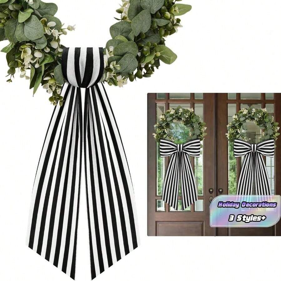 1 Pack/2 Packs Boxwood Wreath Belt Decorative Band, Used For Front Door Porch Decoration (Black And White Striped) - Black - View 1