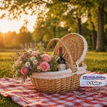 1 Piece Standard Size Natural Bamboo Picnic Basket, Handmade Woven Rustic Gift Basket With Cover And Portable Handles, Handwoven Rectangular Storage Basket For Outdoor Picnics, Parties, Barbecues, And Holiday Gifts - A - View 1