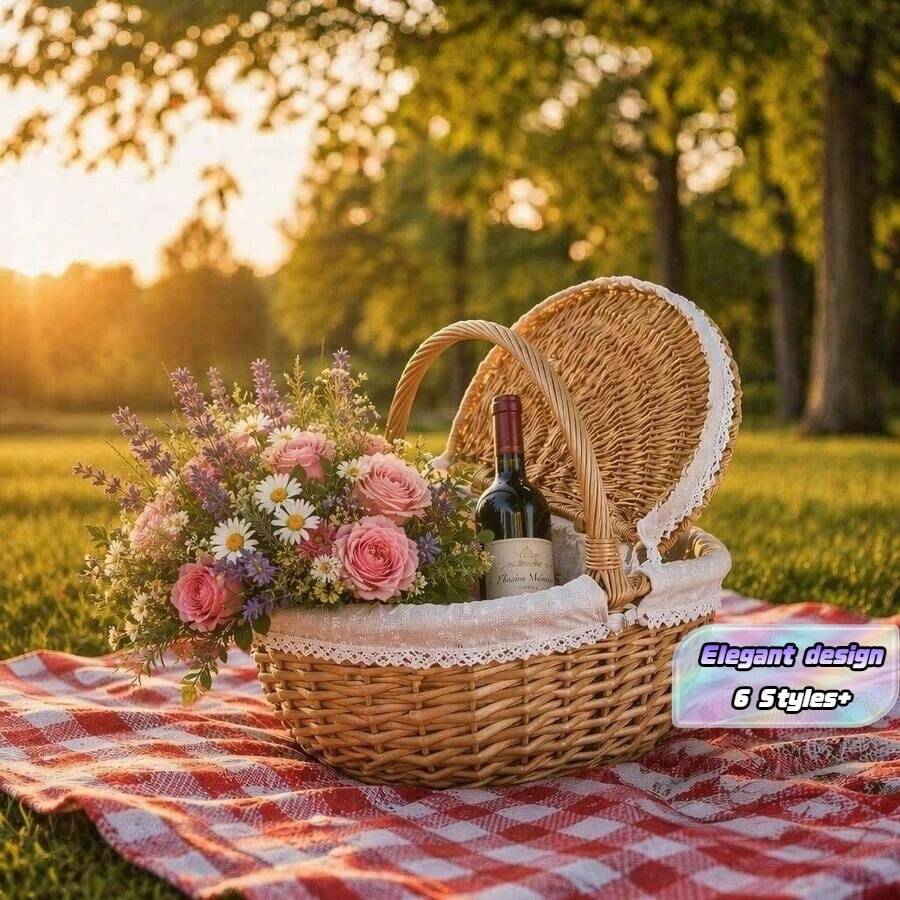 1 Piece Standard Size Natural Bamboo Picnic Basket, Handmade Woven Rustic Gift Basket With Cover And Portable Handles, Handwoven Rectangular Storage Basket For Outdoor Picnics, Parties, Barbecues, And Holiday Gifts - A - View 1