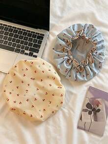 Haus Hana Cherry‑Print Double‑Layer Shower Cap For Women, Waterproof Elastic Bath Cap, Reusable Hair Cover For Bath & Kitchen Anti‑Oil‑Smoke Use - Multicolor - View 2