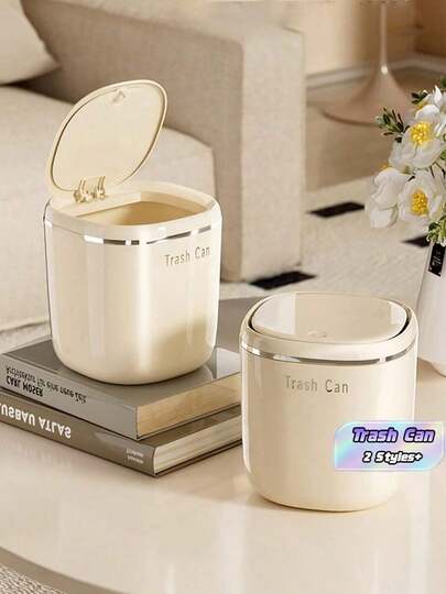 1pc Covered Storage Bin, Mini Desktop Trash Can, Tabletop Bedside Bedroom Office Desk Waste Paper Basket, Small Garbage Can, One-Touch Lid, Minimalist Nordic Style Student Paper Bin Storage Box, Flip-Top Storage Bucket, Desk Tea Table Cleaning Bin