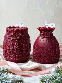 Christmas Embossed Gift Bag With Aromatherapy Candles Featuring Christmas Tree, Elf, Gift, Sleigh, Reindeer, And Snowflake Embossments. Available In 3 Colors: Pink, Green, And Burgundy - Christmas gift bag - View 4