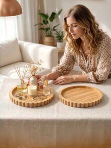 1PC Extra Large Wooden Thickened Widened Scalloped Edge Bohemian Brown Round Tray Multipurpose Organizer For Jewelry Watches Phones Keys Cups Perfume Aromatherapy Storage Home Office Desk Vanity Bathroom Gift Decor - Brown - View 3