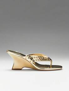 SHUZIA Women's Elegant Minimalist Rivets Decor Thong Strap Wadge Sandals - Gold - View 1