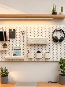 White Plastic Pegboard Wall Organizer Set With Shelves Hooks Storage Cups, DIY Splice Wall Mount Hole Display Rack, Easy Installation Space-Saving Storage For Stationery Photos Small Decor, Desk Wall Storage For Bedroom Study Office - White - View 3