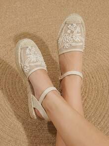 Styleloop Zapatos de mujer con suela gruesa, punta redonda, malla, bordado y perlas, estilo de vacaciones en la playa - Albaricoque - Ver 4