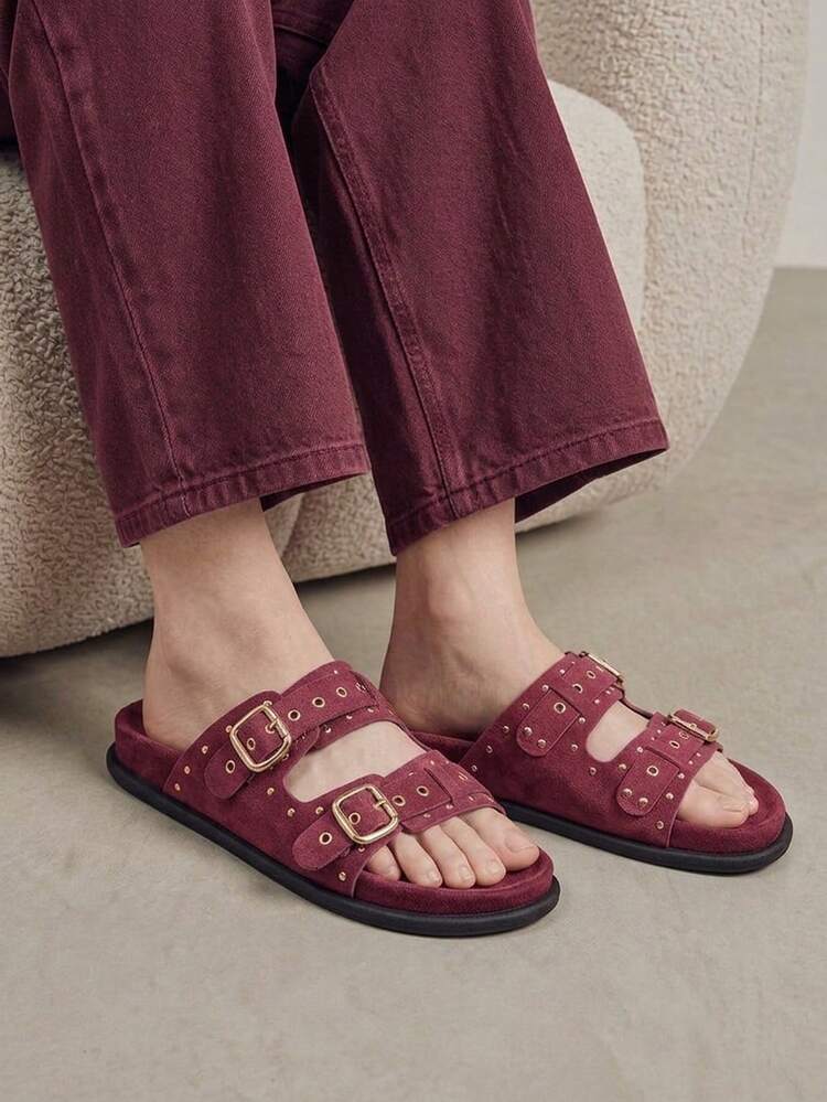 Solecia Women Shoes Women's Fashion Comfort Flat Boken Beach Sandals Women's Flat Sandals - Burgundy - View 2
