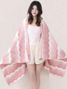 Minimalist Striped Coral Fleece Soft Absorbent Quick-Dry Bath Towel/Hand Towel For Home Use - Pink - View 4