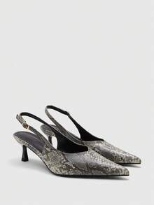 CUCCOO BIZCHIC French Light Luxury Snake Pattern Pointed Back Strap Retro Elegant Fine Heel Commuter Kitten And Shoes - Grey - View 6