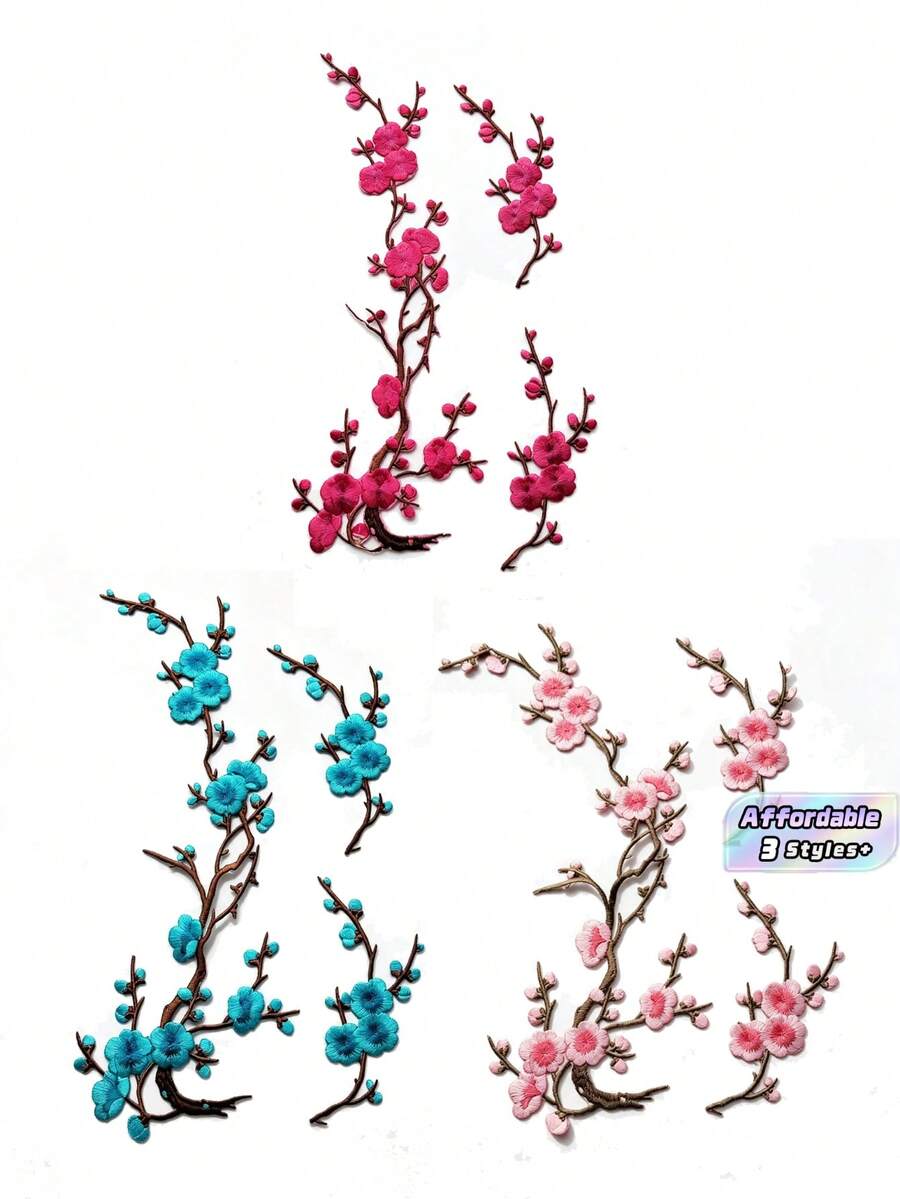 1組，粉色、藍色和玫瑰紅色可選，楊梅刺繡補丁，帶有刺繡梅花圖案的補丁。適用於修補損壞衣物和作為衣飾裝飾