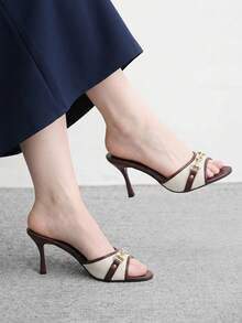 CUCCOO BIZCHIC 女款春夏新款棕色金屬扣開頭高跟涼鞋 時尚舒適百搭通勤女鞋 - 牛津布咖啡3# - 查看 4