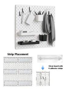 White Plastic Pegboard Wall Organizer Set With Shelves Hooks Storage Cups, DIY Splice Wall Mount Hole Display Rack, Easy Installation Space-Saving Storage For Stationery Photos Small Decor, Desk Wall Storage For Bedroom Study Office - White - View 4