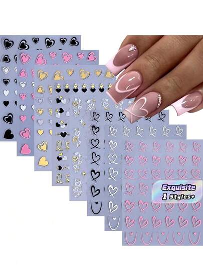 8 Sheets Valentine's Day Nail Stickers For Nail Art 3D Self Adhesive Heart Nail Art Stickers Black White Pink Valentine's Day Nail Decals Heart Nail Design Valentine Nail Art Supplies For Women