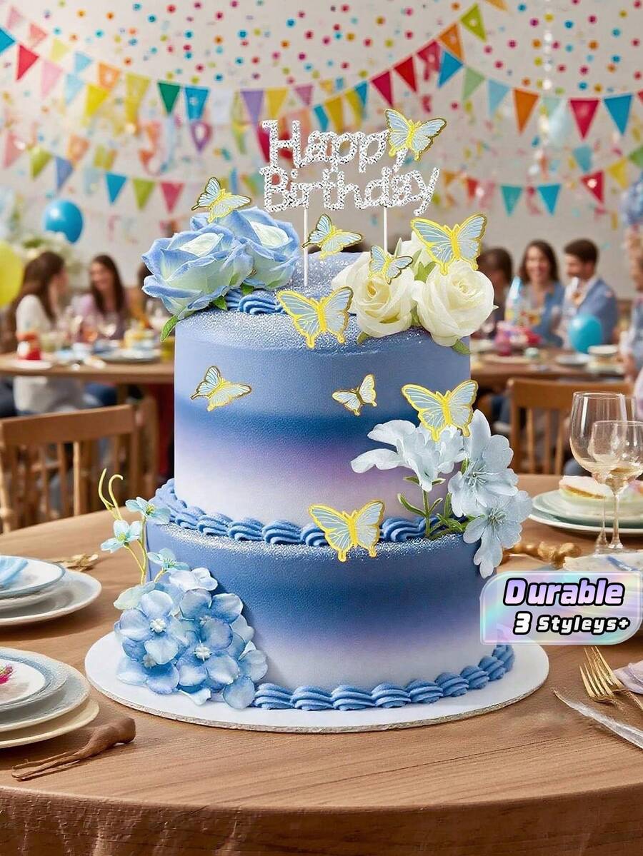 19 Buah Hiasan Kue Kupu-kupu dan Mawar Biru – Dekorasi Bunga Selamat Ulang Tahun, Tusuk Kue Kupu-kupu & Bunga 3D untuk Pesta Anak Perempuan - Beraneka warna - View 1