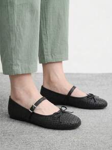 CUCCOO BIZCHIC Women's Black Woven Mary Jane Flats - Round Toe Ballet Shoes With Bow & Adjustable Buckle Strap, Comfortable Casual Dress Shoes For Work Office - Black - View 6