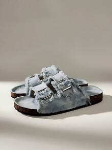 Solecia Double Buckle Frayed Edge Open Toe Flat Cork Slippers, Casual Outdoor Wear Sandals, Daily Commute Beach Vacation Versatile Sandals - Two color light blue - View 2
