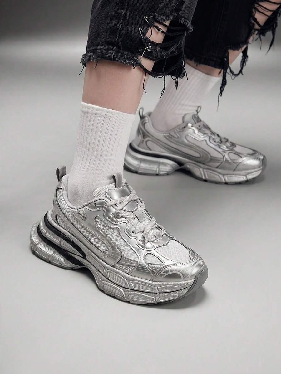 Vate Women Comfortable Casual Breathable Platform Chunky Sneakers For Christmas And New Year Holiday Vibe Fall And Winter - Silver - View 1