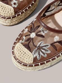 Styleloop Spring/Summer Red-Brown Mesh Embroidered Floral Flat Mary Jane Shoes, Suitable For Vacation Beach, Breathable Comfortable Casual Style - dark brown - View 5