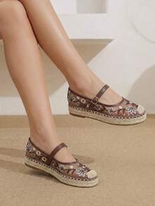 Styleloop Spring/Summer Red-Brown Mesh Embroidered Floral Flat Mary Jane Shoes, Suitable For Vacation Beach, Breathable Comfortable Casual Style - dark brown - View 6