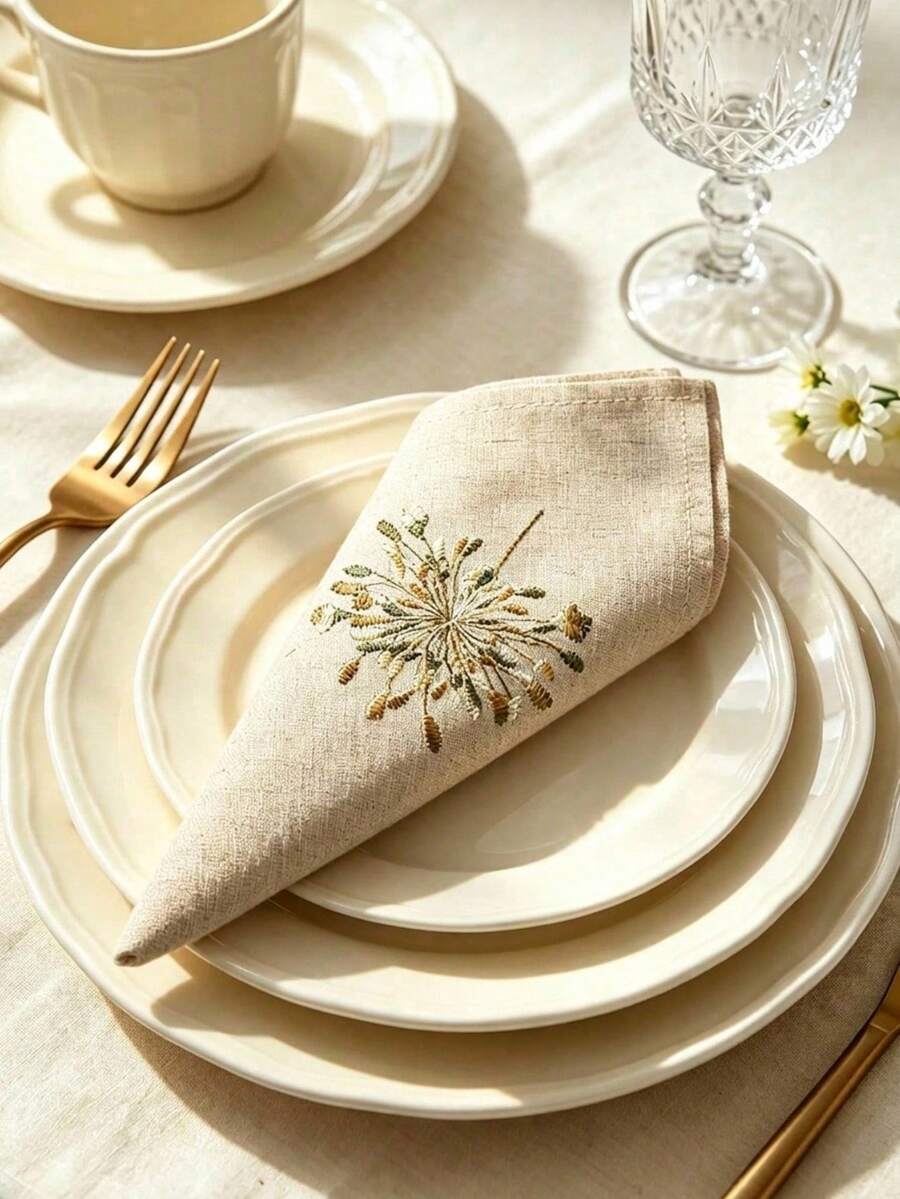 Cirelle 1/2/4pcs Botanical Floral Embroidered Dinner Napkins, Premium Cotton Linen Blend Cloth Napkins, Reusable Oatmeal Napkins For Table Decoration - Multicolor - View 1