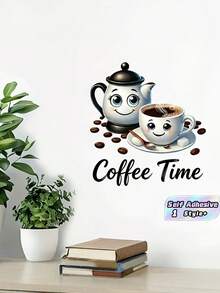 1PC PVC Self Adhesive Waterproof Coffee Cup Coffee Time Wall Stickers For Tea Room Study Kitchen Dining Room Living Room Office Bar Cafe Home Decor Holiday Gift - multicolor - View 1