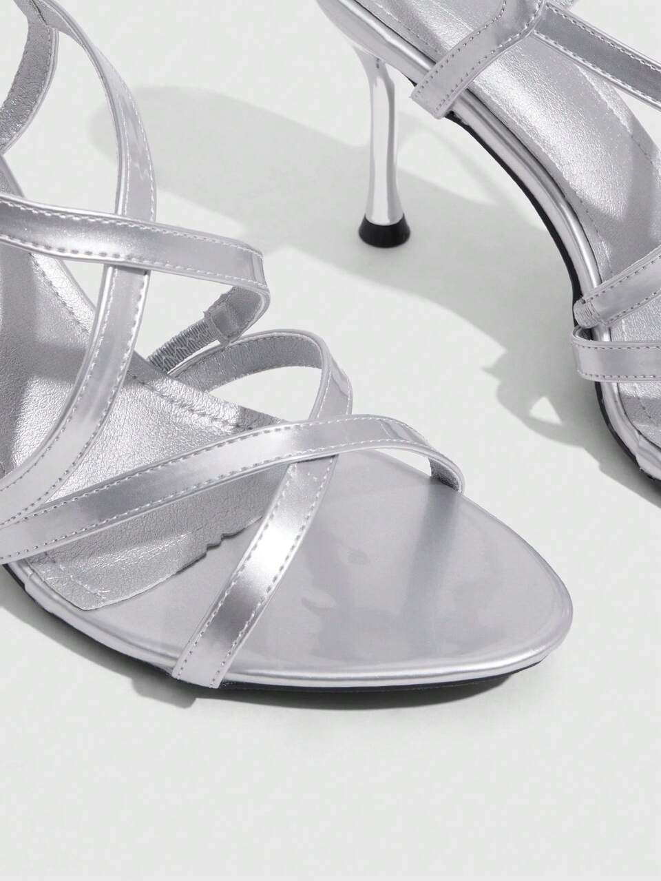 CUCCOO SZL Summer Cross-Strap Stilettos Square Toe Thin Heel High Heel Simple Style Glossy Silver Open-Toed Sandals Women's Versatile Shoes