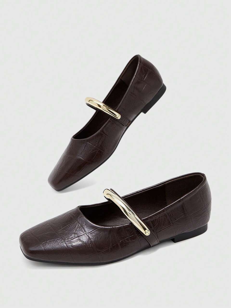 CUCCOO BIZCHIC Dark Brown Crocodile Pattern Square Toe Mary Jane Flats, Gold Metal Trim Daily Casual Women's Shoes