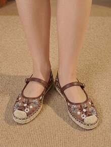 Styleloop Spring/Summer Red-Brown Mesh Embroidered Floral Flat Mary Jane Shoes, Suitable For Vacation Beach, Breathable Comfortable Casual Style - dark brown - View 4