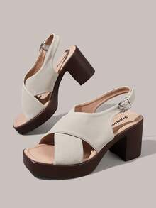 Styleloop Frosted Suede Cross-Strapped Thick-Heeled Sandals Women's Head High Heels, Retro Versatile Commuter Open-Toed Women's Shoes - Apricot - View 3