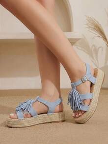 Styleloop 女款流蘇麻繩厚底涼鞋 夏季鞋 - 藍色 - 查看 8