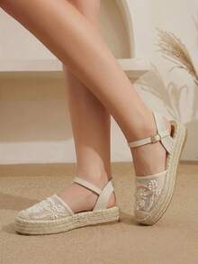 Styleloop Zapatos de mujer con suela gruesa, punta redonda, malla, bordado y perlas, estilo de vacaciones en la playa - Albaricoque - Ver 6