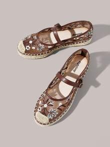 Styleloop Spring/Summer Red-Brown Mesh Embroidered Floral Flat Mary Jane Shoes, Suitable For Vacation Beach, Breathable Comfortable Casual Style - dark brown - View 8