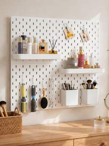 White Plastic Pegboard Wall Organizer Set With Shelves Hooks Storage Cups, DIY Splice Wall Mount Hole Display Rack, Easy Installation Space-Saving Storage For Stationery Photos Small Decor, Desk Wall Storage For Bedroom Study Office - White - View 5