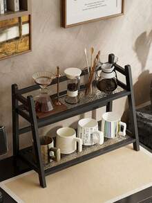 2-Tier Countertop Storage Organizer Rack, Black Metal Frame With Textured Glass Shelves, Multi-Purpose Desktop Display Stand For Kitchen Spice, Bathroom Toiletries, Makeup, Plants - Multicolor - View 4