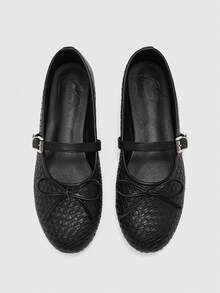 CUCCOO BIZCHIC Women's Black Woven Mary Jane Flats - Round Toe Ballet Shoes With Bow & Adjustable Buckle Strap, Comfortable Casual Dress Shoes For Work Office - Black - View 2