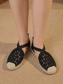 Styleloop Modische Damen-Flats in Schwarz mit Blumenstickerei, Hohldesign, Strohsohle und elastischem Band, geeignet für Outdoor, Urlaub und Shopping - Schwarz - Übersicht 6
