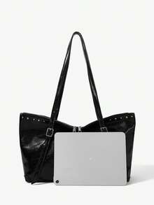 Viva Strut Women's Tote Bag, Y2K Spice Girl, Rivet Decoration, Folding Bag Mouth Design, Large Capacity, Suitable For Shopping And Commuting To Campus - Black - View 4