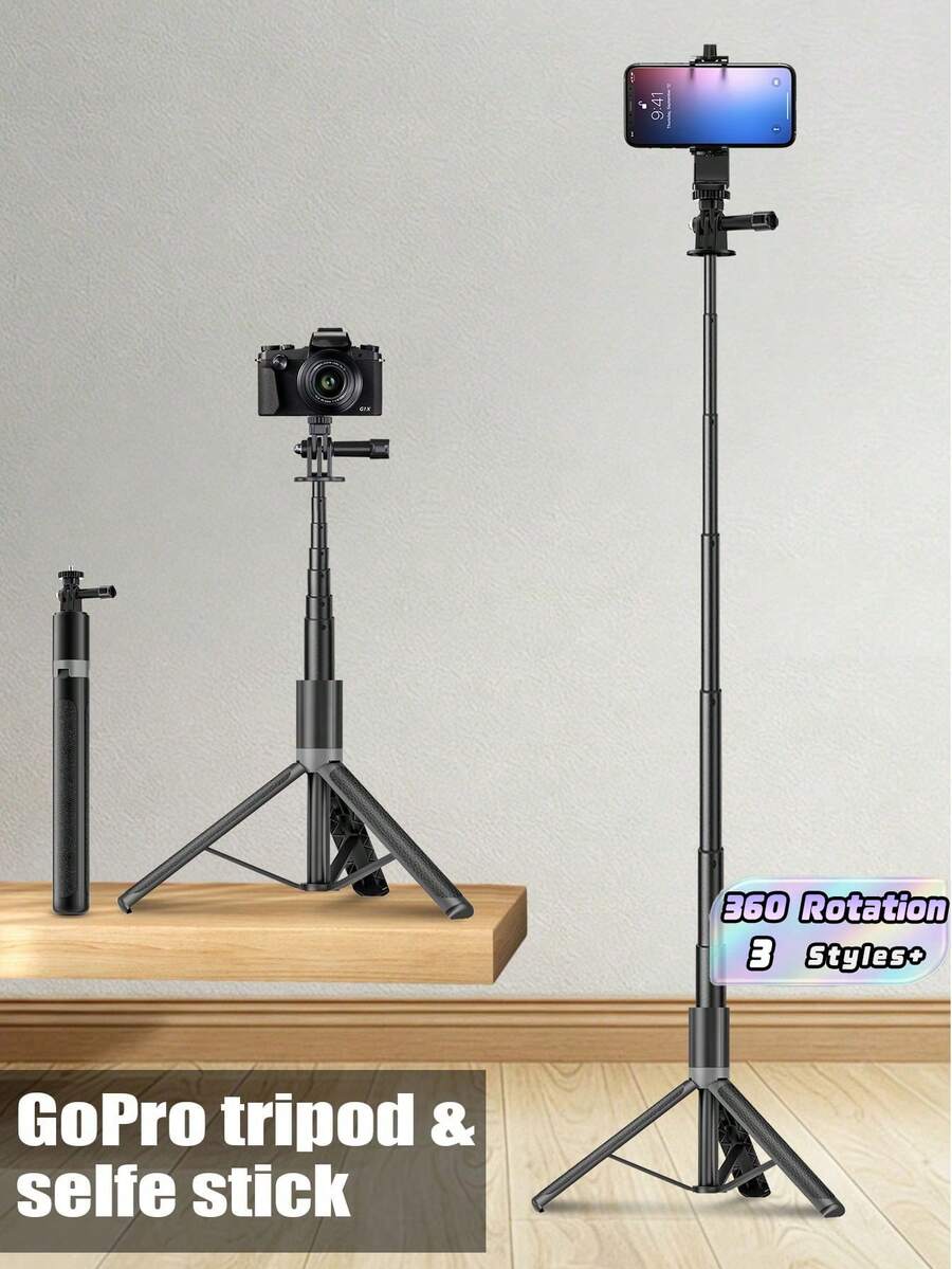 63-Inch Extendable Selfie Stick Tripod, 160cm Aluminum Alloy Portable Phone Holder With 1/4" Screw, 360° Rotation Stable Tripod Compatible With Iphone Camera, Ideal For Travel Video Live Streaming Recording - one-size - View 1