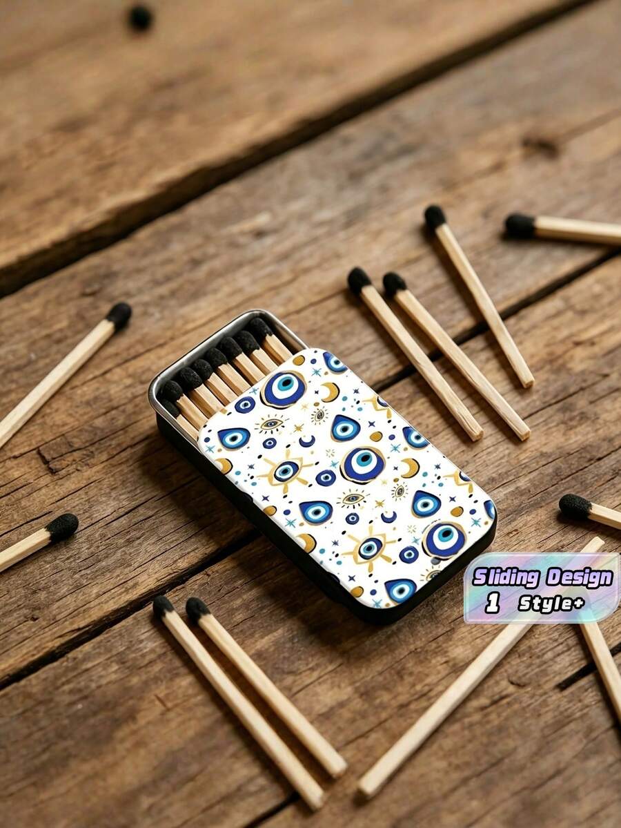 1PC Metal Sliding Lid Compact Portable Vintage Evil Eye Pattern Blue White Durable Rustproof Lightweight Matchbox Style Storage Tin Multipurpose Organizer For Home Office Desk Daily Use Gift - Multicolor - View 1