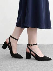 CUCCOO BIZCHIC Black Flannel Party Commute Simple Fashion Glossy Closed Toe Pointed Toe Exposed Heel Thin Ankle Strap High Heel Medium Thick Heel Shoes - Black - View 5